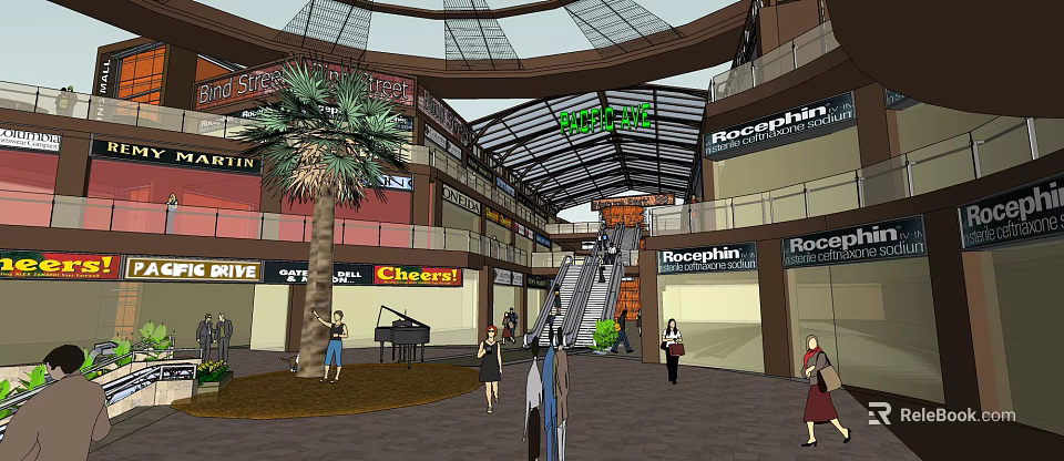 Shopping Mall Interior With Palm Tree Piano Escalator And People Walking 3d model 