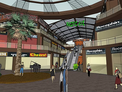 Shopping Mall Interior With Palm Tree Piano Escalator And People Walking 3d model