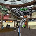 Shopping Mall Interior With Palm Tree Piano Escalator And People Walking
