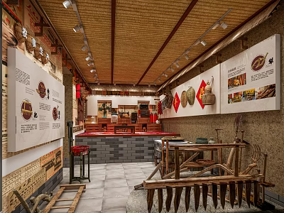 Traditional Rural Exhibition Hall With Thatched Roof Brick Walls And Old Farming Tools 3d model