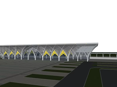 Modern Architectural Structure With Arched Roof And Yellow Accents In Spacious Plaza 3d model