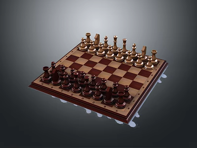Classic Chessboard With Wooden Chess Pieces On Brown And Beige Squares 3d model