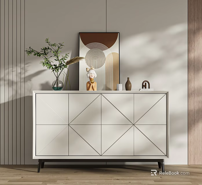White Console Table with Vase Statue Artwork and Decorations in Modern Entryway 3d model