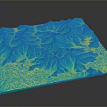 Highly Detailed 3D Terrain Model With Blue Yellow Elevation Contour Patterns
