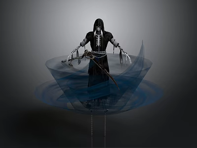 Mystical Black Hooded Skeleton Figure With Sword And Blue Energy Swirls Platform 3d model