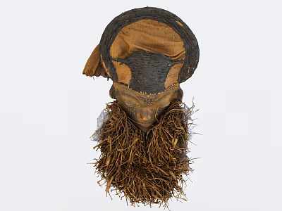 Handcrafted Tribal Mask Wall Decor With Brown Black Design Round Top And Fringed Beard 3d model
