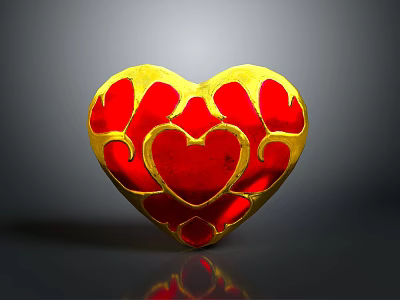 Elegant Heart Shaped Decorative Ornament With Red Center And Gold Decorative Patterns 3d model