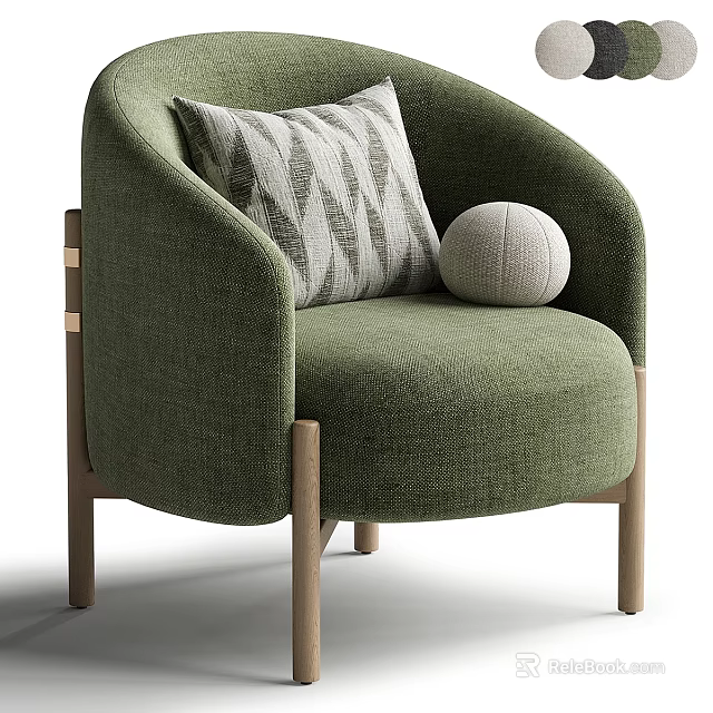 Green Upholstered Armchair With Wooden Legs Geometric Pillow And Round Cushion 3d model 
