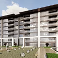 Modern Multi Story Residential Building Exterior With Glass Windows Balconies And Landscaped Water Feature Garden