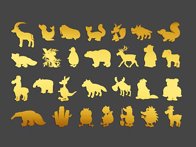 Golden Animal Silhouettes Set Featuring Various Wildlife Shapes And Decorative Patterns 3d model