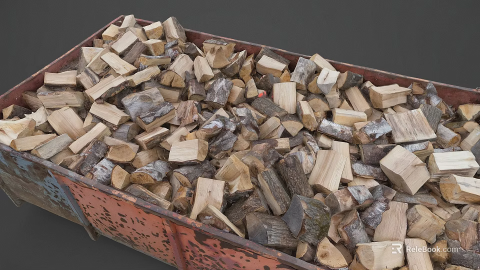 Heavy Duty Orange Perforated Metal Trailer Loaded With Stacked Firewood Logs 3d model 
