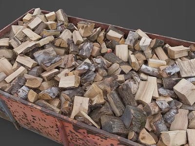 Heavy Duty Orange Perforated Metal Trailer Loaded With Stacked Firewood Logs 3d model