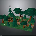 Enchanted Forest Scene With Pine Trees Broadleaf Trees Wooden Structures And Lanterns
