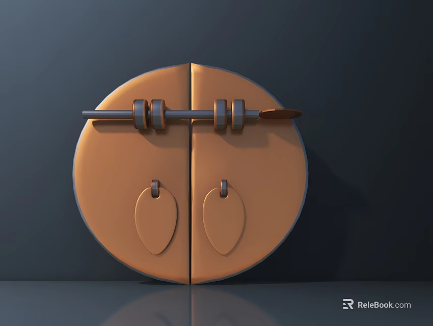 Oval Shaped Metal Door Handles on Brown Circular Door with Horizontal Metal Bar 3d model 