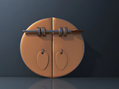 Oval Shaped Metal Door Handles on Brown Circular Door with Horizontal Metal Bar 3d model
