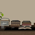 Tabletop Decorative Accessories Set with Potted Plant Radio Stacked Books Open Book and Glass