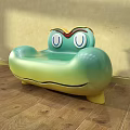 Cartoon Style Green Yellow Gradient Frog Shaped Double Sofa with Eyes Mouth on Wooden Floor