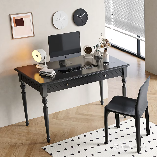 Black Wooden Desk Interior With Computer Monitor Table Lamp Books Vase Chair And Rug 3d model 