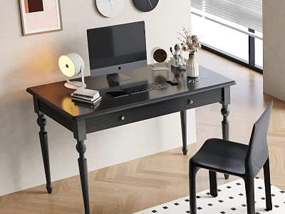 Black Wooden Desk Interior With Computer Monitor Table Lamp Books Vase Chair And Rug 3d model