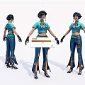 Animated Female Game Character Design With Turquoise Top Blue Flared Pants And Gold Tassel Accessories