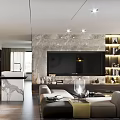 Modern Living Dining Room Interior With Marble Wall TV Sofa And Pendant Lights