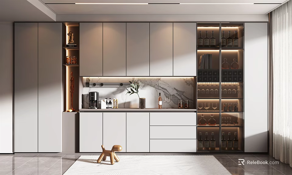 Modern Kitchen Interior Featuring Glass Door Wine Cabinet With Built in Lighting And White Cabinets 3d model 