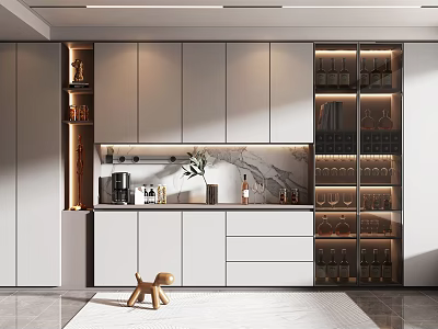 Modern Kitchen Interior Featuring Glass Door Wine Cabinet With Built in Lighting And White Cabinets 3d model