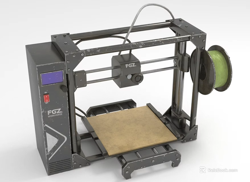 Professional 3D Printer Office Appliance with Green Filament Spool Control Panel and Printing Bed 3d model 