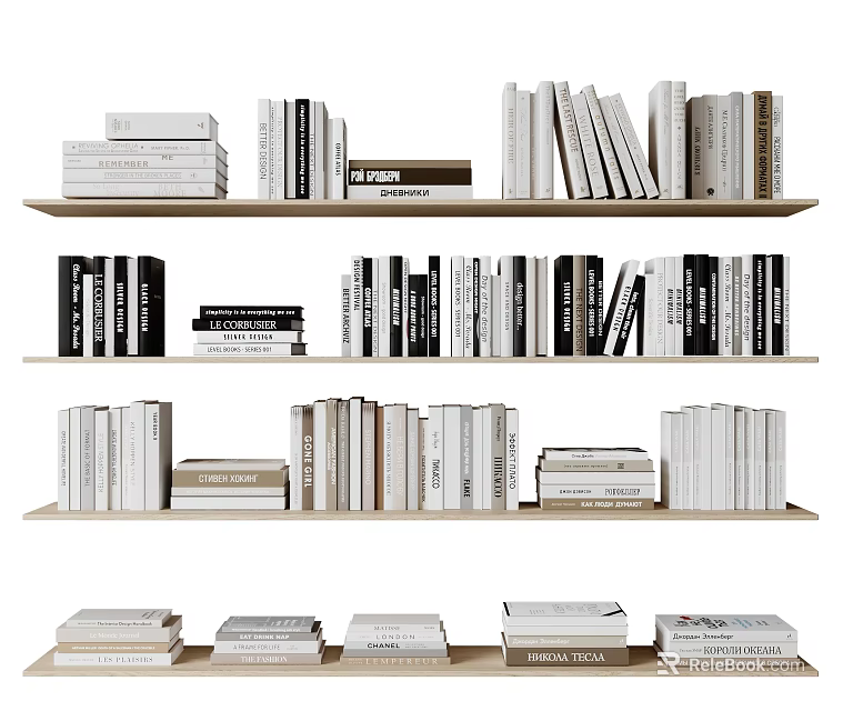 Organized Books and Magazines Display on Wooden Shelves with Stacked and Standing Rows 3d model 