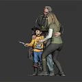 Happy Family Posing Together With Child In Pirate Costume On Gray Background