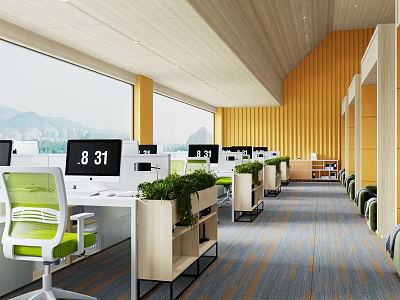 Modern Public Office Space With Ergonomic Desks Green Chairs Computers And Potted Plants 3d model