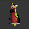 Cartoon Queen in Red Yellow Black Dress Crown Green Long Legged Bird and Yellow Ball