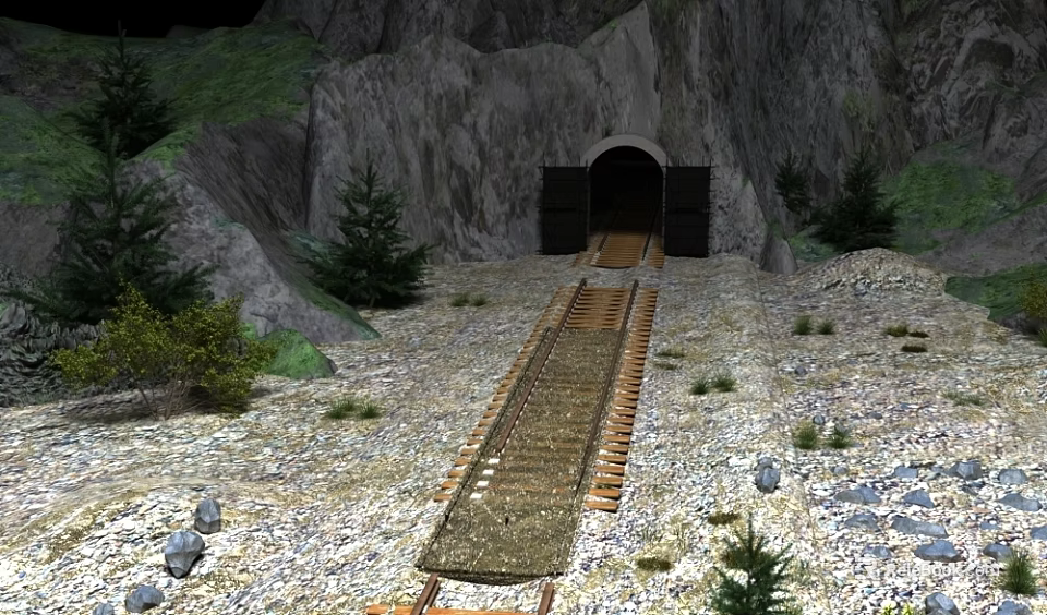 Railway Track Leading To Tunnel Entrance In Rocky Mountain Landscape With Trees 3d model 