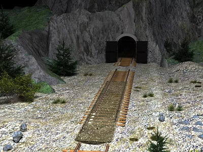 Railway Track Leading To Tunnel Entrance In Rocky Mountain Landscape With Trees 3d model