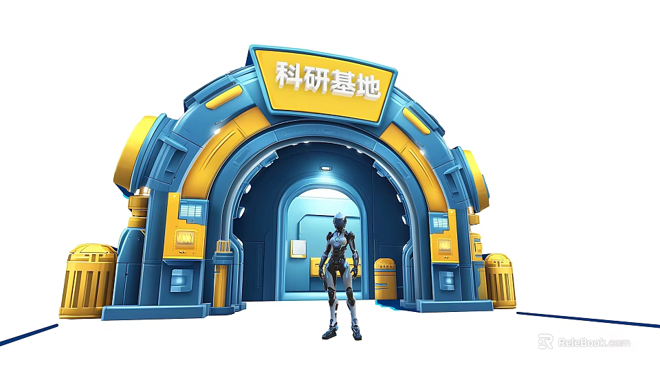 Futuristic Research Base Event Gateway with Blue and Yellow Arch Design and Standing Human Figure 3d model 
