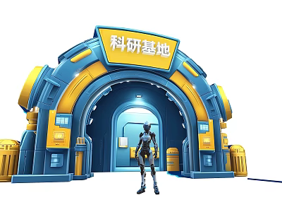 Futuristic Research Base Event Gateway with Blue and Yellow Arch Design and Standing Human Figure 3d model