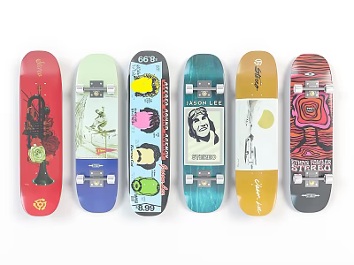 Colorful Skateboard Decks With Various Graphics And Unique Art Designs 3d model