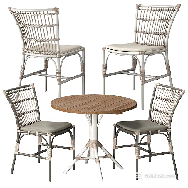 Modern Wooden Table And Rattan Chair Set With Round Top Metal Frame Light Gray Cushions 3d model 