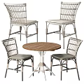 Modern Wooden Table And Rattan Chair Set With Round Top Metal Frame Light Gray Cushions