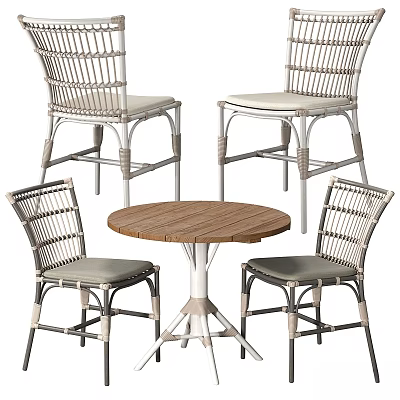 Modern Wooden Table And Rattan Chair Set With Round Top Metal Frame Light Gray Cushions 3d model