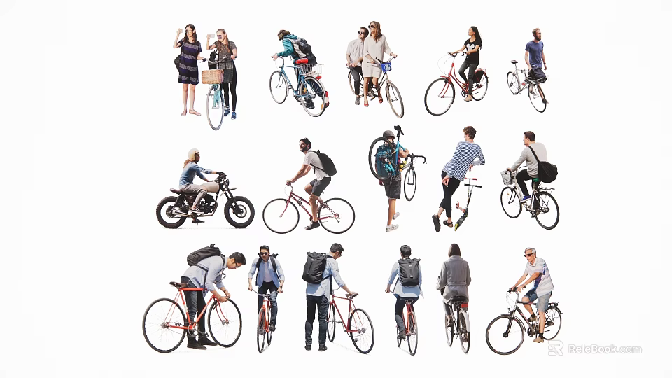 People Riding Bicycles in Various Styles with Different Bikes and Casual Outfits 3d model 