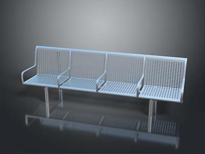 Long Metal Public Bench With Perforated Design And Multiple Seats On Reflective Surface 3d model