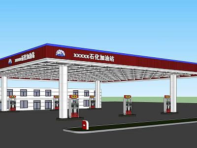 Petrochemical Gas Station With Red Roof White Building And Fuel Dispensers 3d model