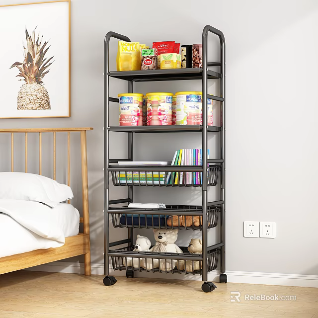 Multi tiered Storage Rack with Wheels Canned Goods Books and Stuffed Toys in Bedroom 3d model 
