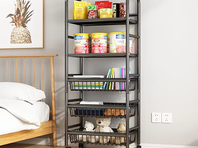 Multi tiered Storage Rack with Wheels Canned Goods Books and Stuffed Toys in Bedroom 3d model