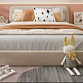 Kids Bed With Gray Headboard Star Patterned Orange Yellow Pillows And Rabbit Plush On Rug