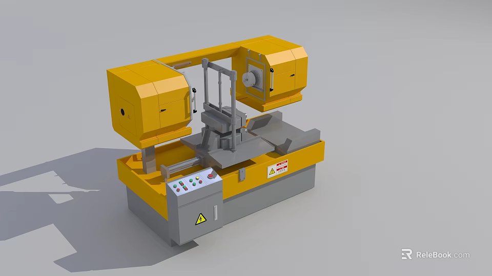 Yellow Industrial Band Saw Machine With Control Panel And Warning Labels On Worktable 3d model