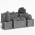 Gray White Brown Wooden Garden Planter Boxes With X Shaped Design And Green Shrubs