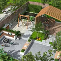 Beautiful Courtyard Garden Design With Wooden Pergola Swing Seating Area Stone Patio And Green Plants