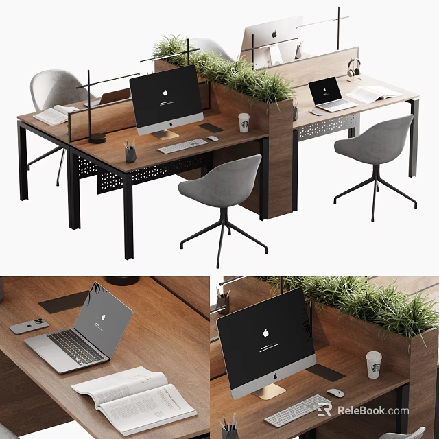 Modern Office Desk With Desktop Computer Laptop Gray Chairs Green Plants And Wooden Surface 3d model 